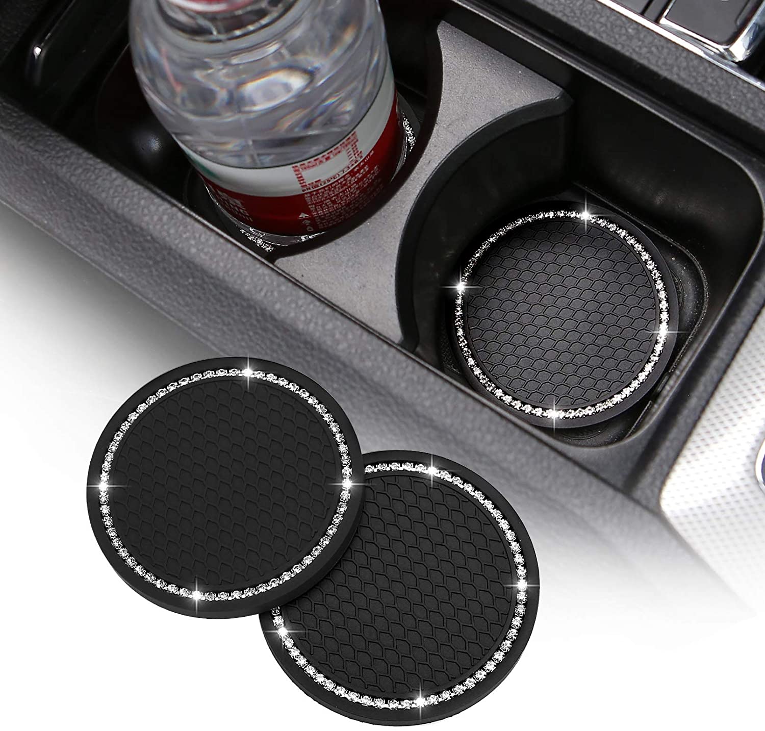 2 Pack Bling Car Cup Holder Coasters, 2.75 Inch Soft Bling Crystal  Rhinestone Rubber Pad Set Round Auto Cup Holder Insert Drink Coaster Car  Interior Accessories 